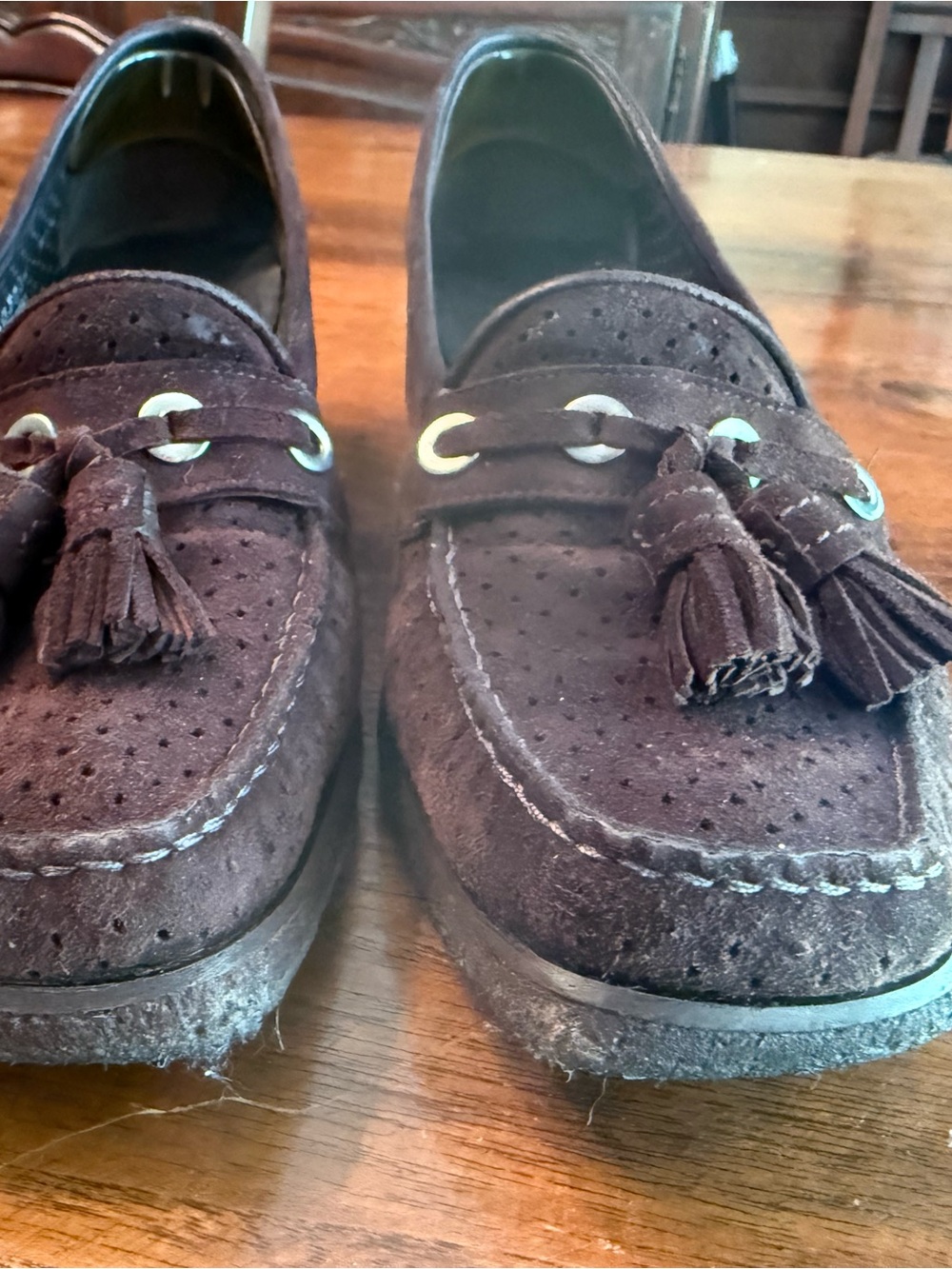 Stuart Weitzman Brown Suede Tassel Wedge Loafers